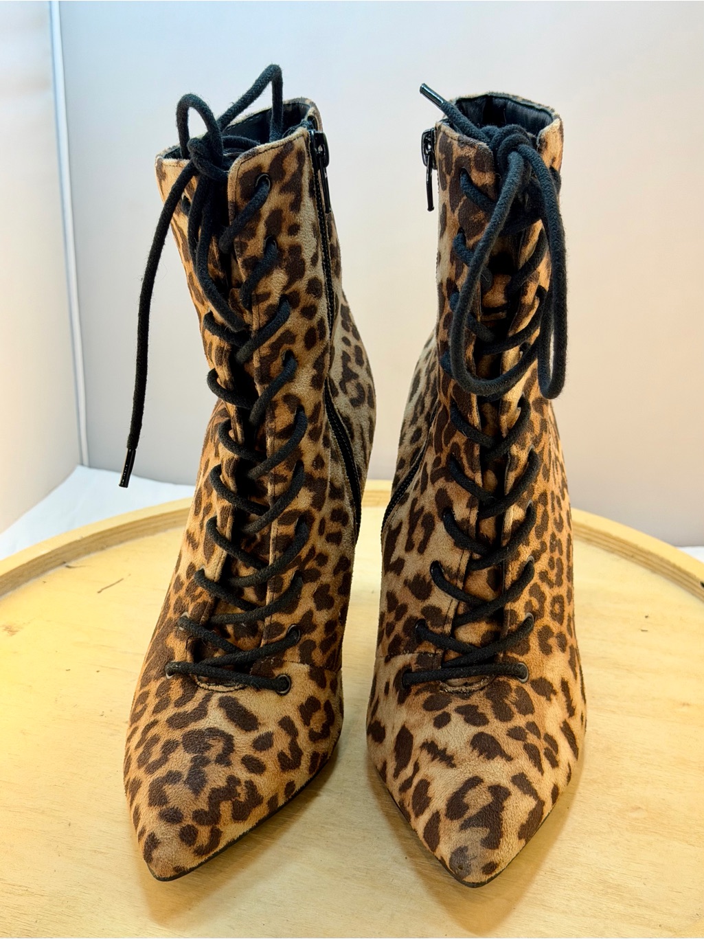 Leopard Print Lace-Up Pointed Toe Ankle Boots - Brown